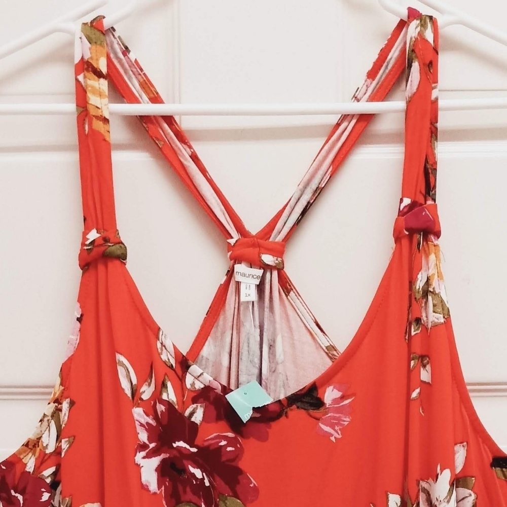 Maurices Floral Tank Top Knot Back Racerback 1X Orange Tropical Resortwear Flowy - Picture 3 of 8